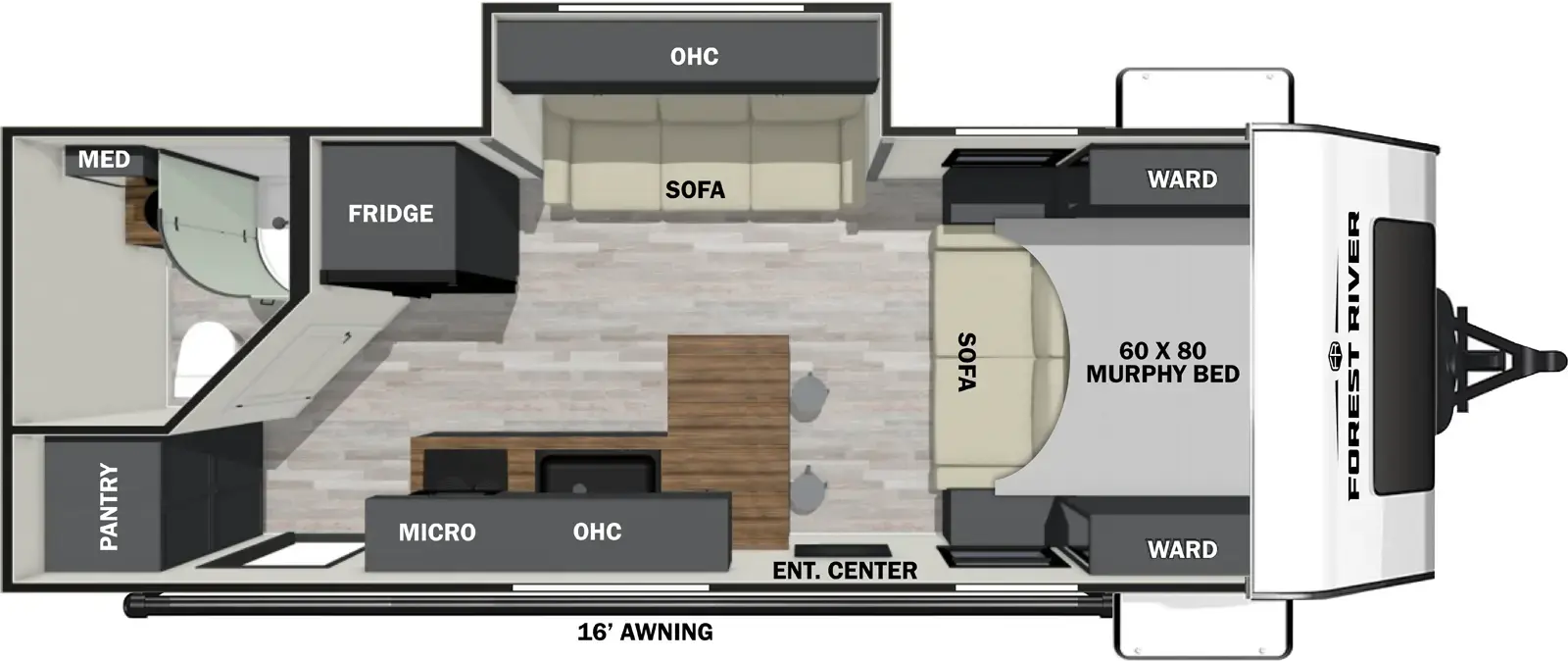 The Ibex 19MSB floorplan has one entry and one slide out. Exterior features include: fiberglass exterior and 16' awning. Interiors features include: murphy bed.